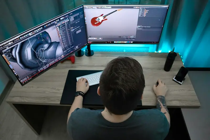 Animator working on a 3D model across two monitors