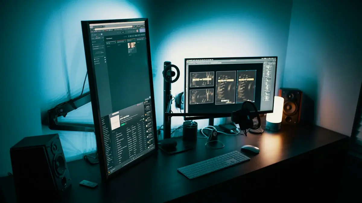 Dark desktop PC setup with two monitors ready to install Source Filmmaker